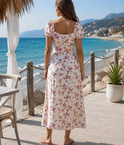 Büzgü Yaka Floral Midi Elbise