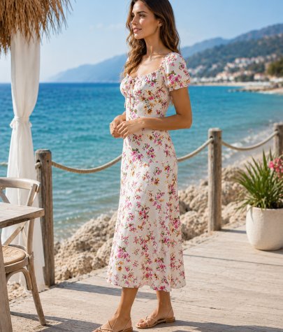 Büzgü Yaka Floral Midi Elbise