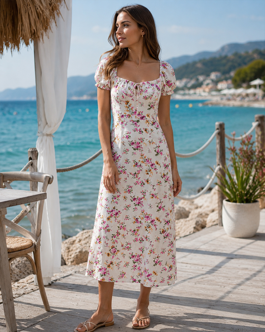 Büzgü Yaka Floral Midi Elbise