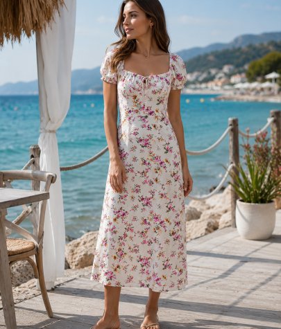 Büzgü Yaka Floral Midi Elbise